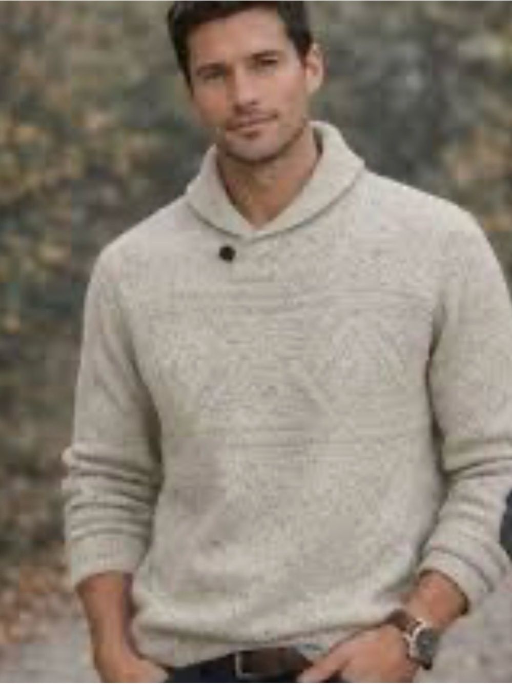 Chaps Men's Shawl Collar Pullover Sweater  Patched Elbows Cream Gray Y2K Size L